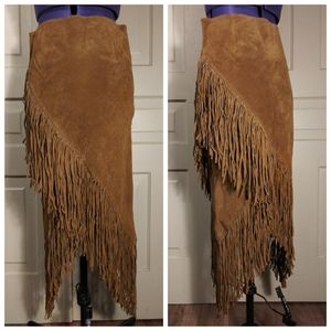 Real suede 100% leather fringed tiered midi skirt